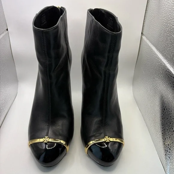 Tory Burch Pacey Black and Gold Ankle Booties - Picture 8 of 11